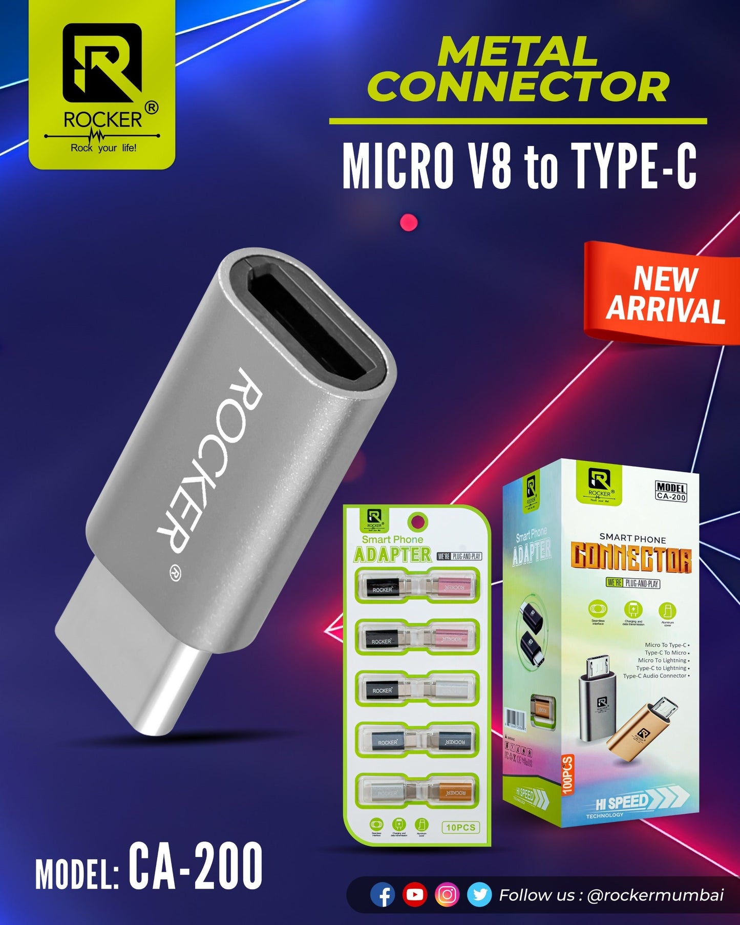 Rocker CA-200, Metal Connector, Micro V8 to Type-C