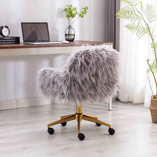 Gray Faux Fur Swivel Office Chair For Home Office Desk