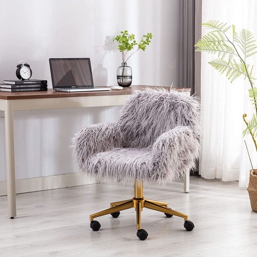 Gray Faux Fur Swivel Office Chair For Home Office Desk