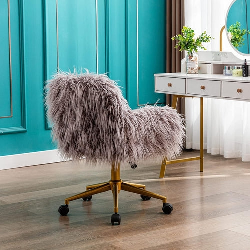 Gray Faux Fur Swivel Office Chair For Home Office Desk