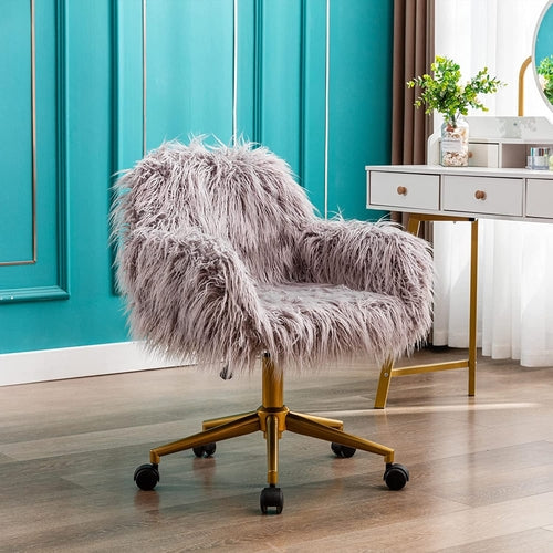 Gray Faux Fur Swivel Office Chair For Home Office Desk
