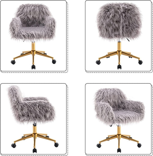Gray Faux Fur Swivel Office Chair For Home Office Desk