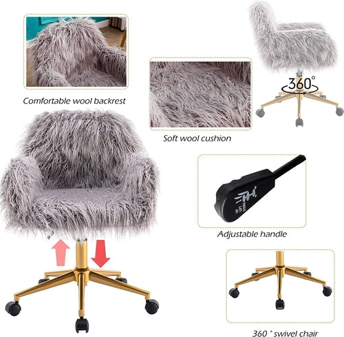 Gray Faux Fur Swivel Office Chair For Home Office Desk